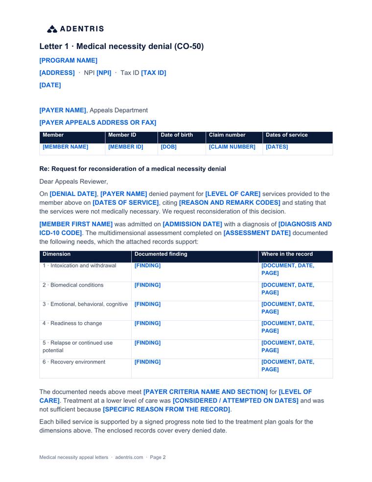 A page from the Medical necessity appeal letter templates for behavioral health