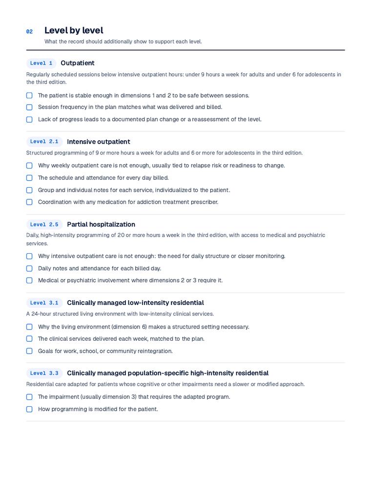 A page from the ASAM documentation checklist by level of care