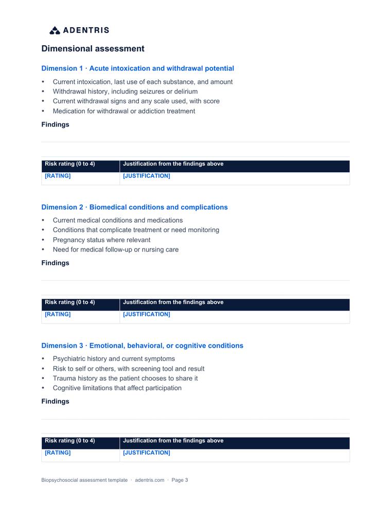 A page from the Biopsychosocial assessment template organized by the six dimensions