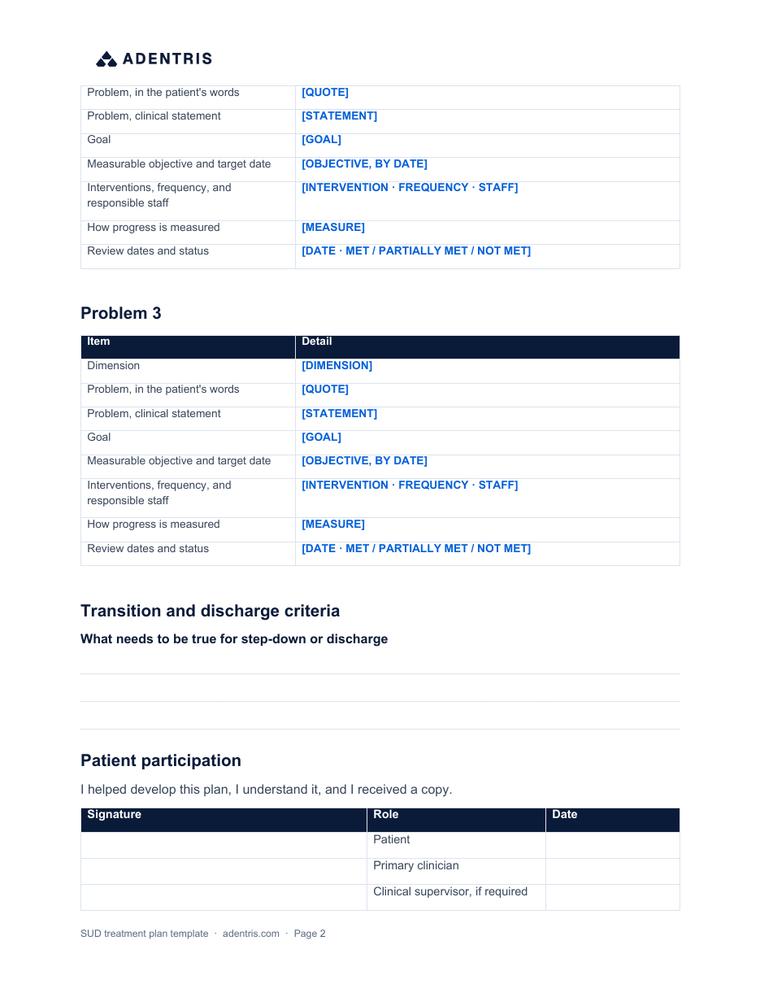 A page from the SUD treatment plan template with measurable goals